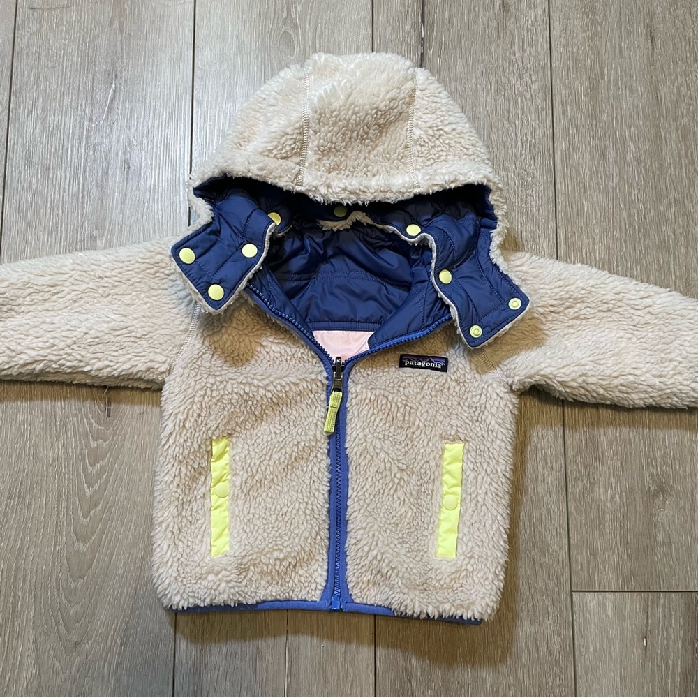 Patagonia Baby Reversible Puff-Ball Jacket - Blue Pink, Sherpa Lined Hooded 12 M - Picture 7 of 10